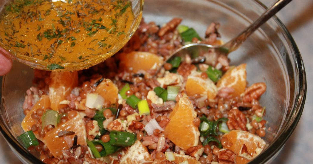 Pour the dressing over the wheatberry mixture and stir to combine