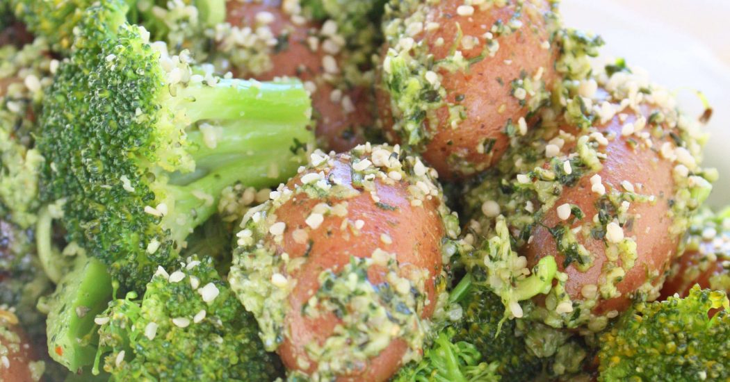 Red Potatoes and Broccoli with Spicy Cilantro Hemp Seed Pesto
